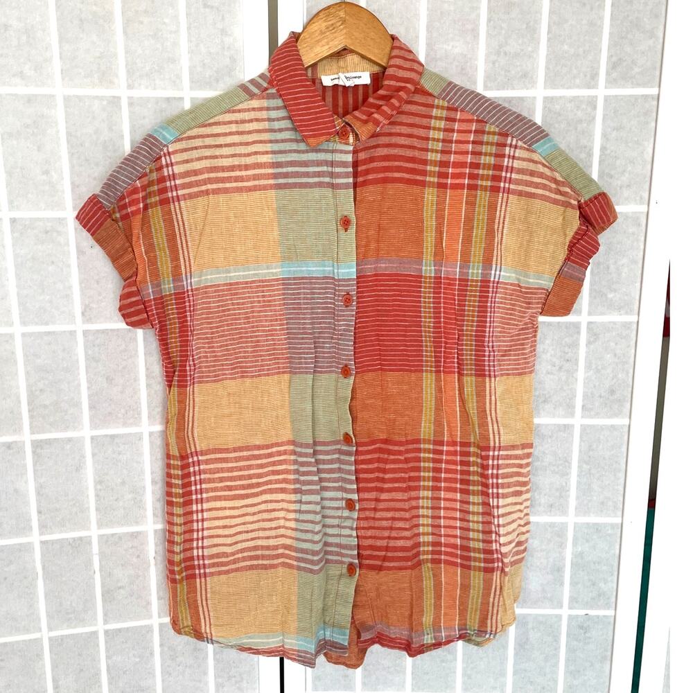 BeachLunchLounge Plaid Button Down Top Lightweight Gauze Linen Coastal Size S